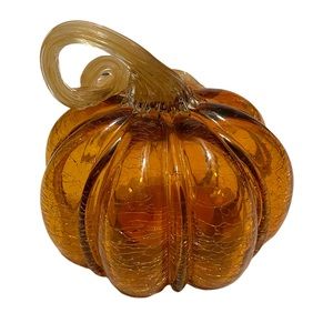 {EXCELLENT}[Pier 1] {Amber} [Hand Blown Crackle Glass Pumpkin w/Light] {7”W 5”H}
